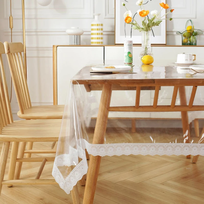 Lace Clear Tablecloth Transparency PVC Table Cloth Vinyl Waterproof Oilproof Kitchen Dining Table Cover for Rectangular Table