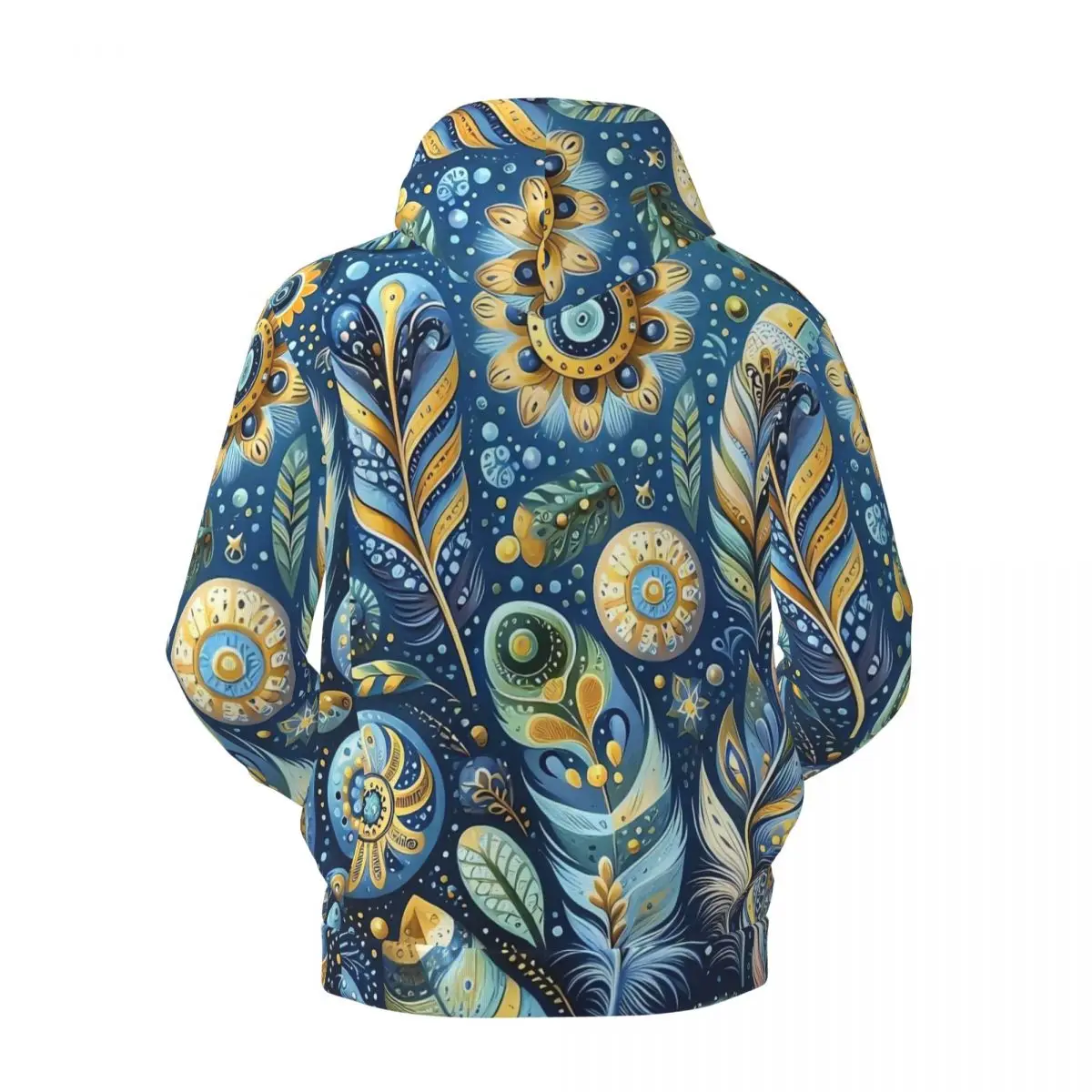 Folk Art Casual Hoodies Man blue and gold feather Pullover Hoodie Winter Outerwear Graphic Sweatshirts Oversized Clothes