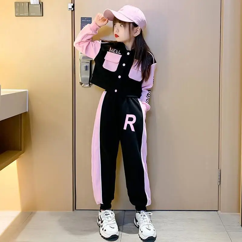 Junior Girls Baseball Suit Spring and Autumn Clothing Kids Fashion Splicing Lapel Jacket Casual Long Pants 2 Pcs Sweatshirt3-15Y