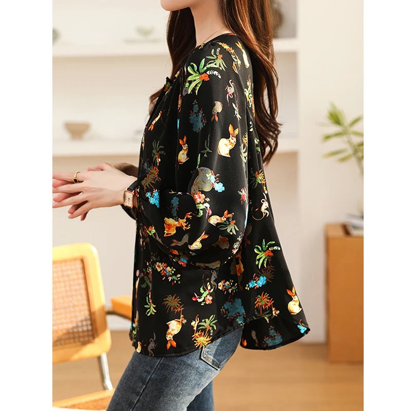 Women Spring Fashion Loose Prairie Chic Floral Chiffon O-neck Long Sleeve Shirts Women Clothes Casual All-match Appear Thin Tops