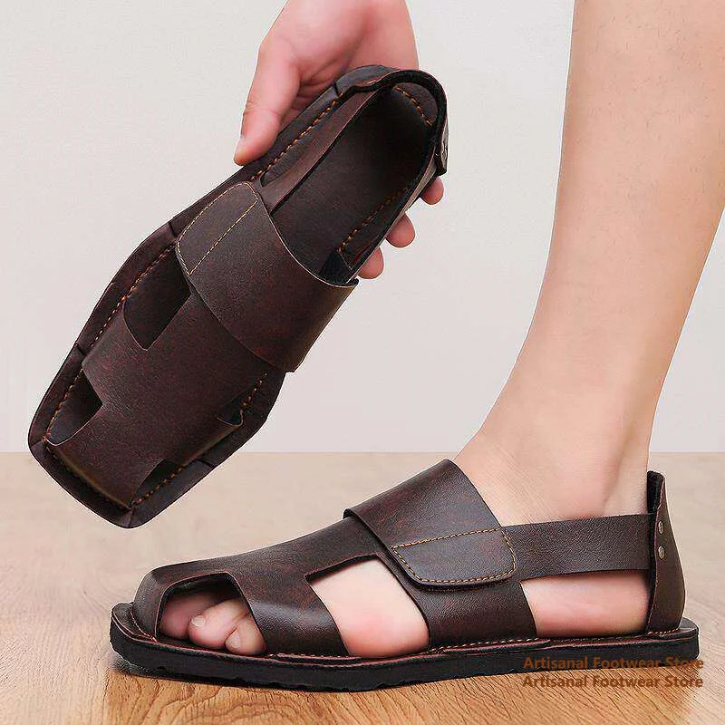 

Men's Black Soft Leather Slide Sandals Thick-Soled Open Toe Slip On Casual Summer Slides Trendy Luxury Handmade Men's Shoes