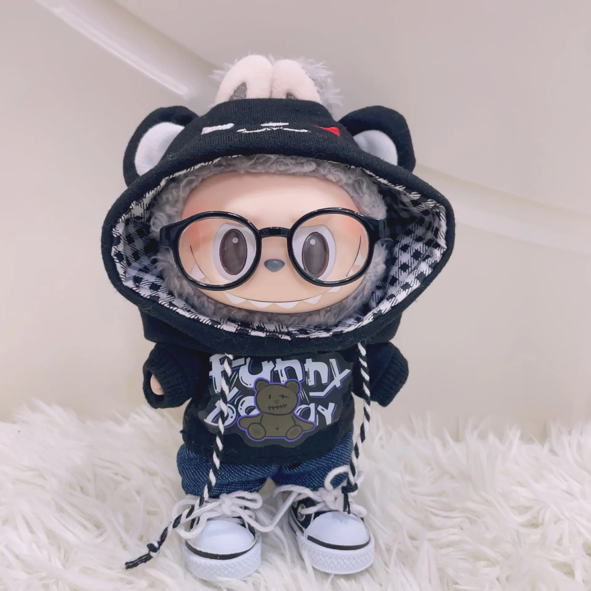 Labubu roupas de boneca urso com capuz moletom terno 17cm roupas de boneca de pelúcia substituição labubu i ii idol boneca sentado festa