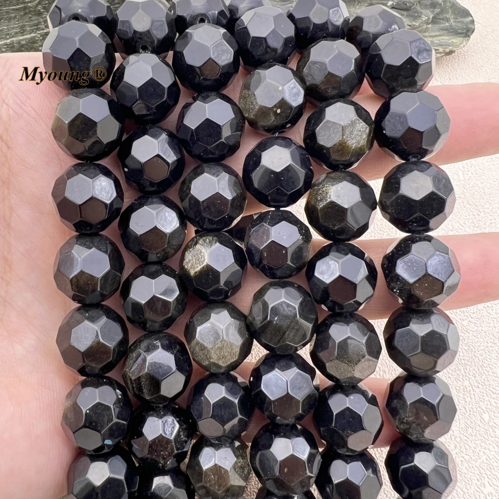 

2Strands 14MM Wholesale Large Faceted Natural Stone Golden Obsidian Round Nugget Beads For DIY Jewelry Making Design MY231213