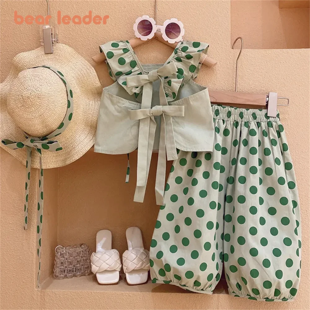 Bear Leader Girls Summer Sleeveless Suit 2023 New Summer Girls Fashion Korean Version of The Cute Polka Dot Girls Two-piece Suit