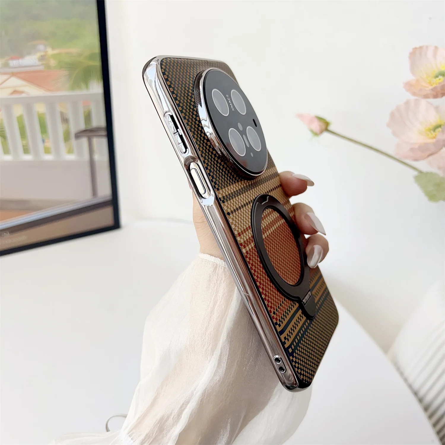 Luxe Magnetische Ring Stand Koolstofvezel Patroon Magsafe Case voor Huawei Mate 70 Mate 60 Pro Plus Plating Draadloos Opladen Cover