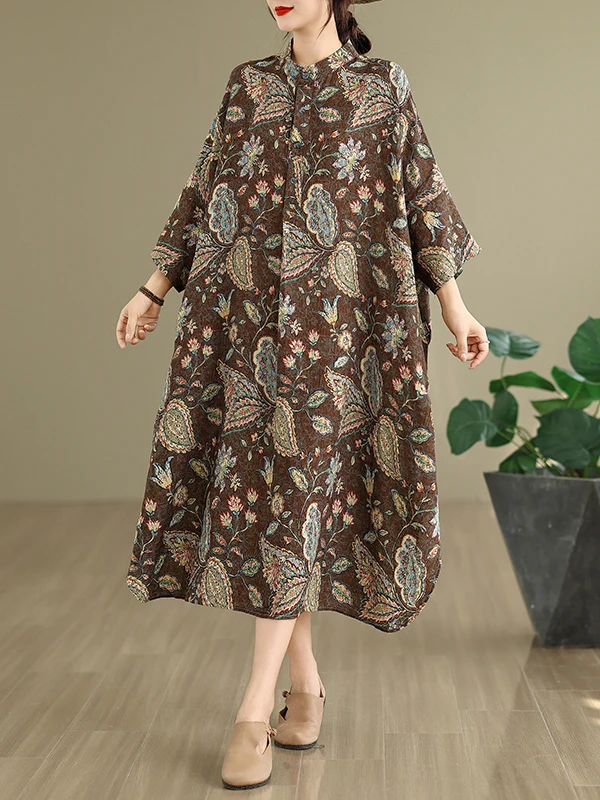 Rétro coton lin imprimé col montant ample Maxi Dr pour les vacances automne nouveauté Ele artistique grande taille femmes Dr
