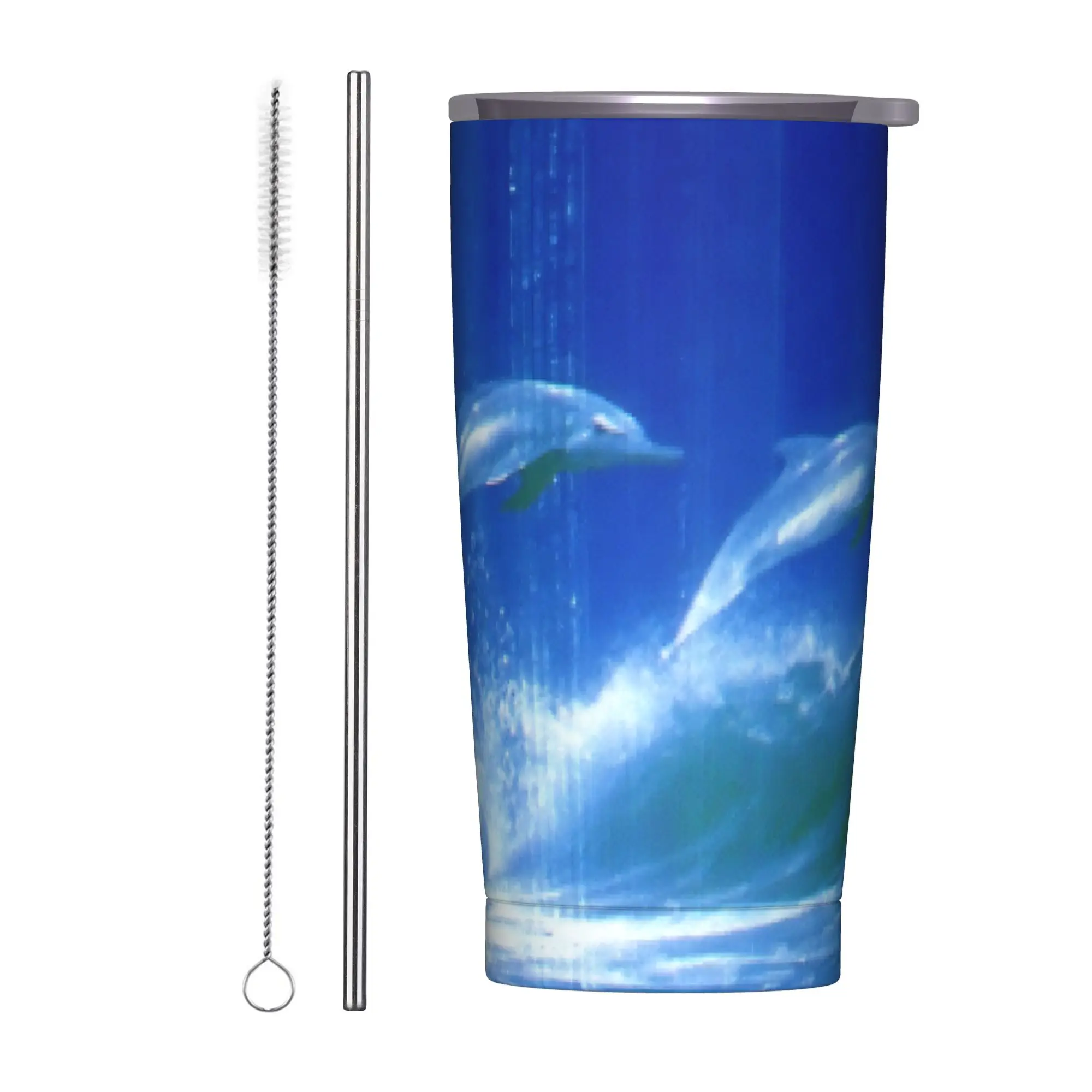 Pixelated Dolphins Frutiger Aero Insulated Tumbler with Straws Lid  Stainless Steel Thermal Mug Outdoor Car Bottle Cups, 20oz
