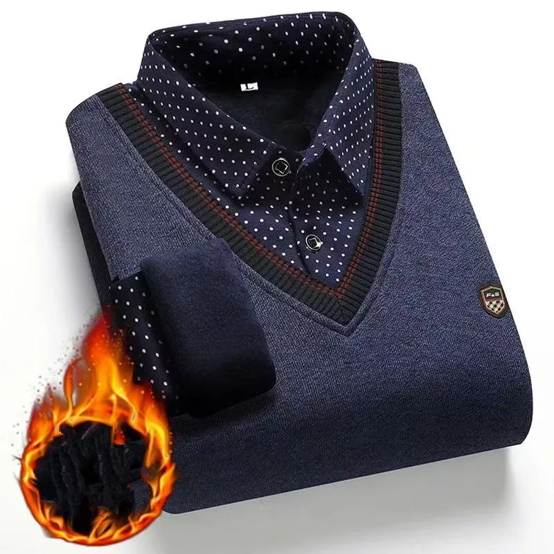 

2026 Winter Men's Thick And Warm Fleece Sweater Fake Two-Piece Shirt Collar Fashionable And Casual Top L-4XL