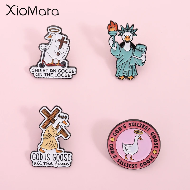 Humorous Religious Style Enamel Pin Skateboard Cross Torch Decor Anthropomorphic Goose Badge Unisex Design Daily Accessory