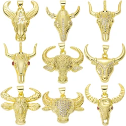 Juya New Design18K Real Gold Plated Copper Cz Paved Punk Head Bull Charms For DIY Talisman Women Men Pendant Jewelry Making