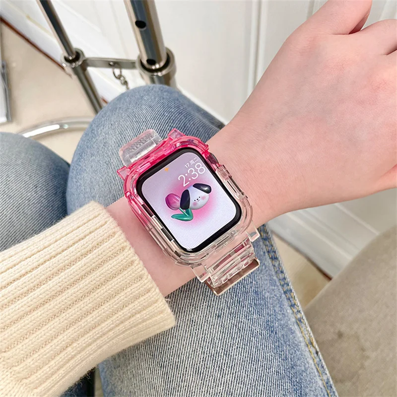 Clear Color Matching Band+Case For Apple Watch Series 8 7 6 SE 5 45mm 44 42 41 Transparent For IWatch 3 38mm 40mm Plastic Strap