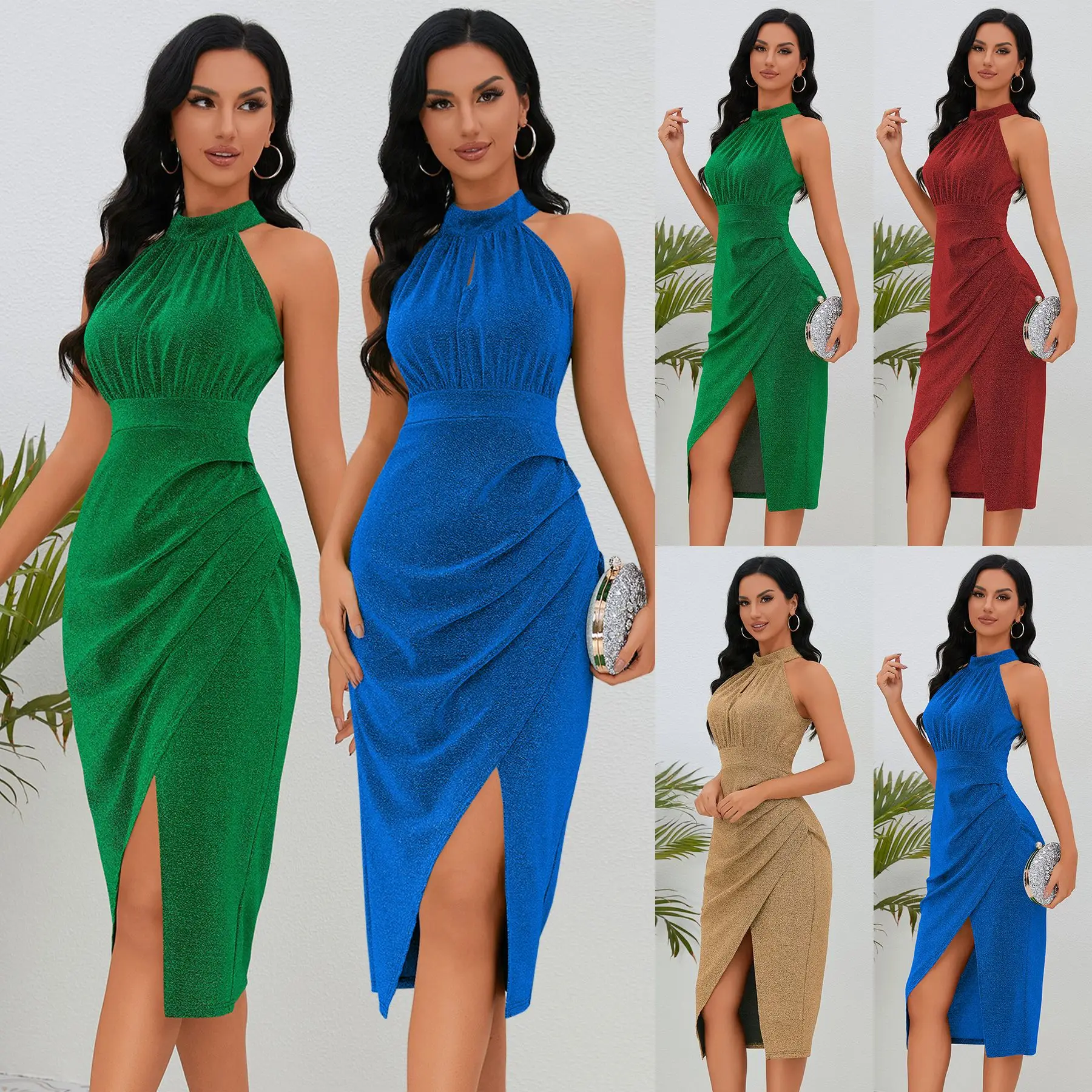 

2024 Spring And Summer New Shiny Stand-up Collar Hollow Pleated Sleeveless Cocktail Dress Slim Sexy Slit Irregular Dress