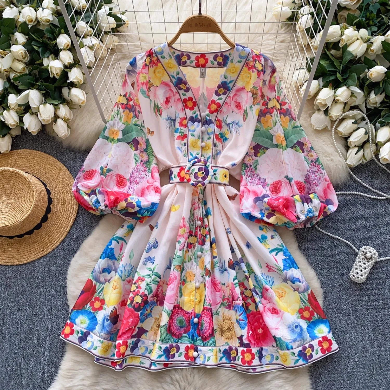 Gorgeous Flower Short Dress Women Summer 2025 Holiday Single Breasted V-Neck Lantern Sleeve Floral Print Belt Party Vestidos