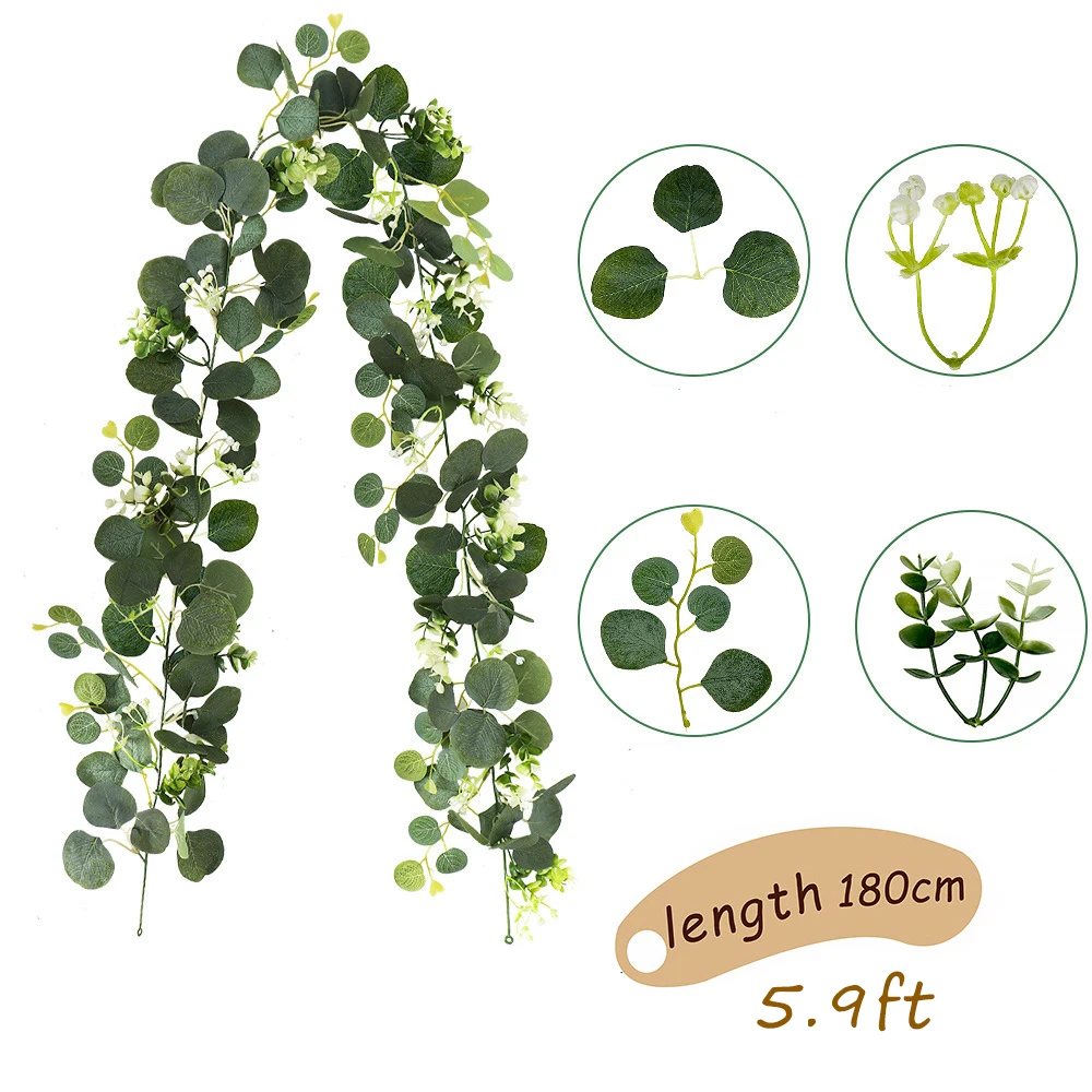 1pc Artificial Eucalyptus Leaves Greenery Garland Faux Plant Spring Vines with White Flowers Berries for Wedding Home Party Deco