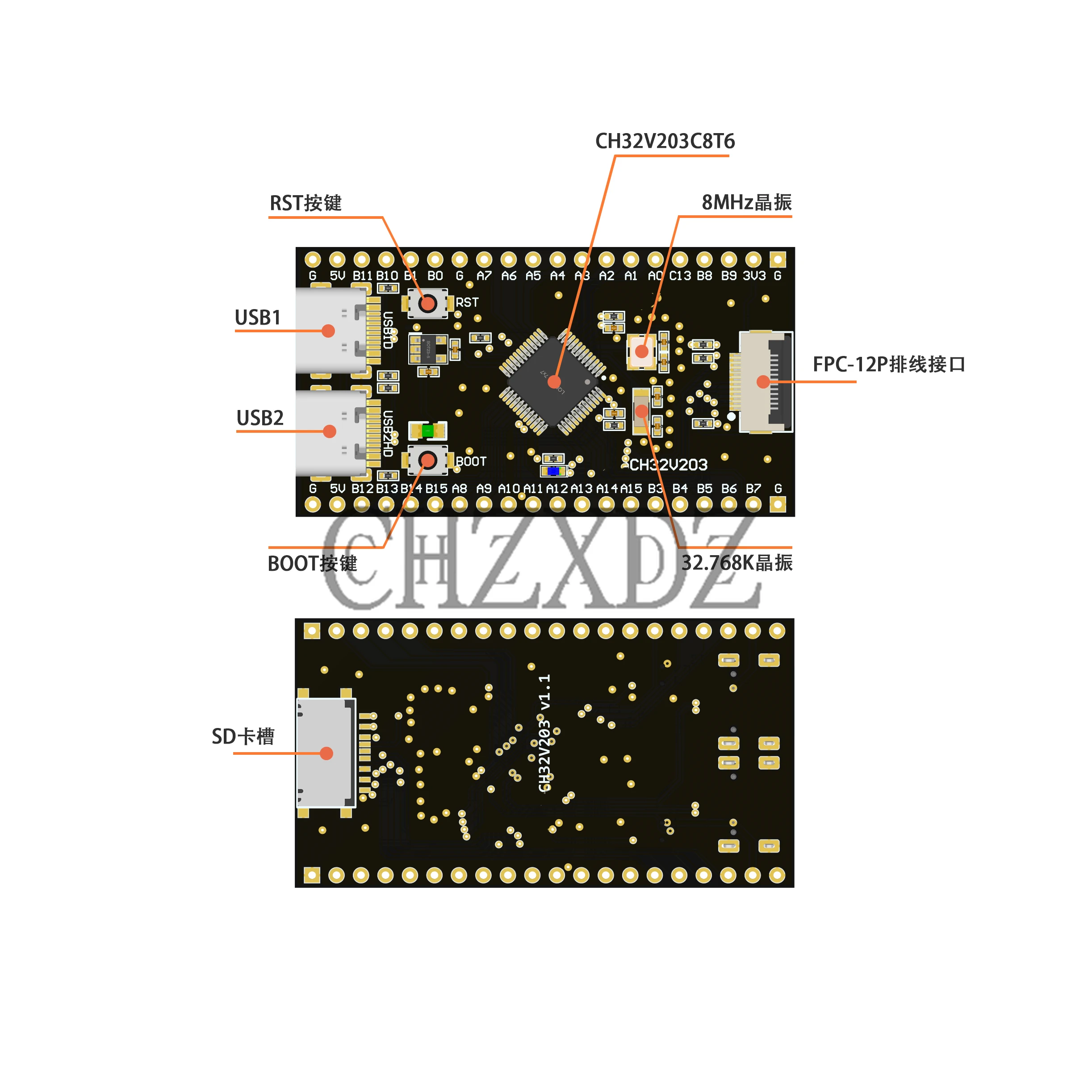 100% Original CH32V203 Development Board Minimum System Board Core Board Dual TYPE-C USB Ports