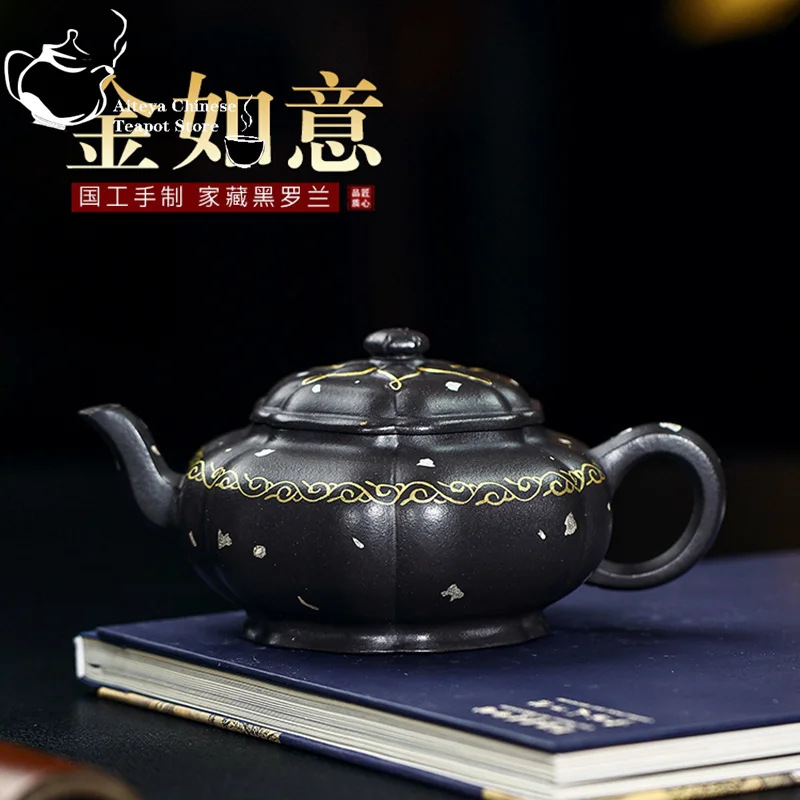 Yixing-Handmade Purple Clay Pot Collection, Black Roland Mud Gold, Ruyi Kung Fu Tea Set, Chinese Tea Pot, 320ml