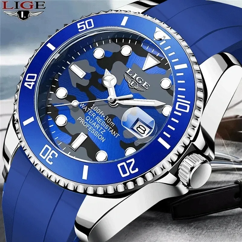 LIGE Creative Navy Blue Camouflage Man Watch Luminous Date 3ATM Waterproof Quartz Wrist Watch for Men Relogio Masculino+Box