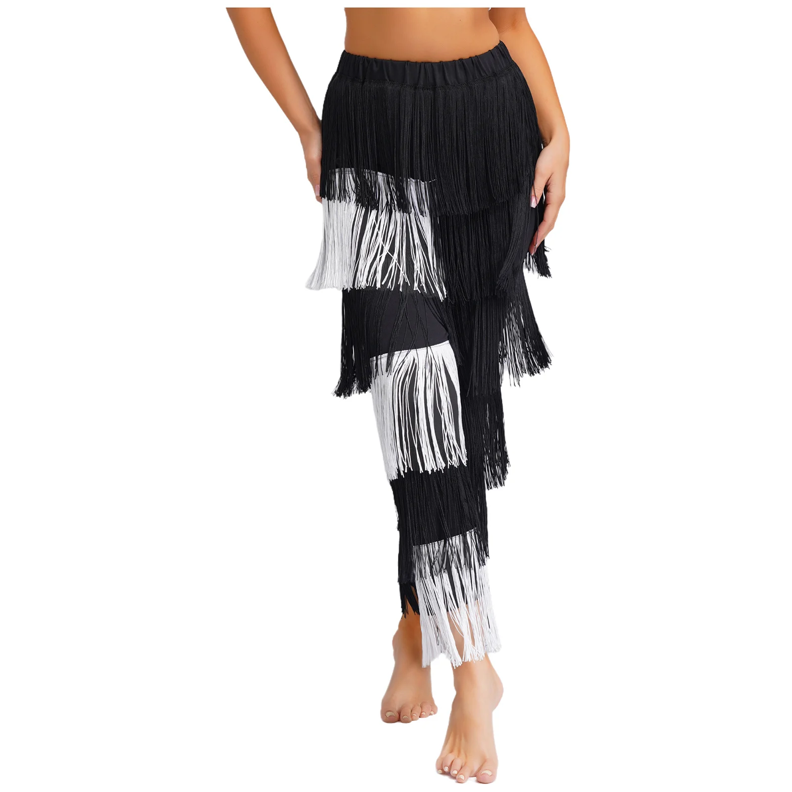 สตรีเต้นรําละตินกางเกงแจ๊สเครื่องแต่งกาย Elastic High เอว Contrast สีพู่กางเกงสําหรับ Belly Chacha Tango Dance Performance