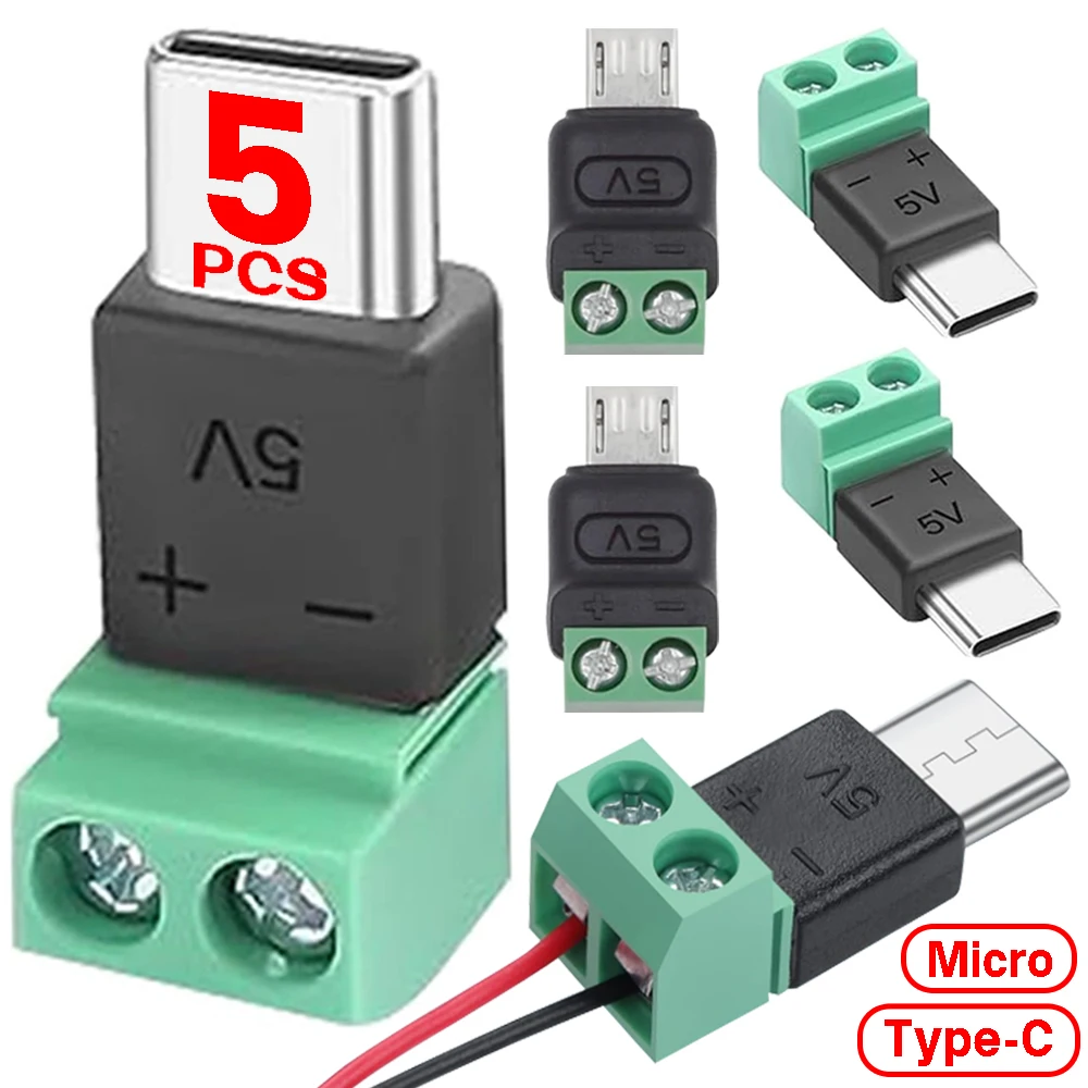 1/3/5Pcs USB C To 2Pin Terminal Adapter Screw 5V Solderless Plug 5V Crimp Terminal Block Green Data Transfer Charging Connector