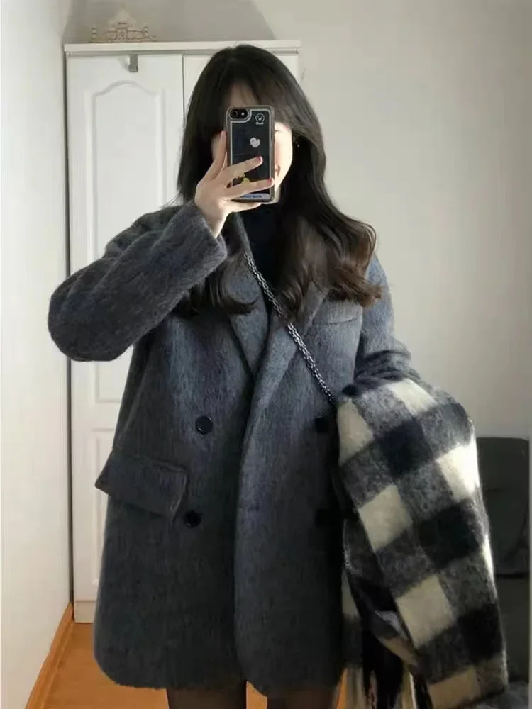 Grey Woolen Coat: Women's Autumn and Winter Trendy New Thickened Short Petite Wool Blazer Overcoat Female Office Lady Top Trendy