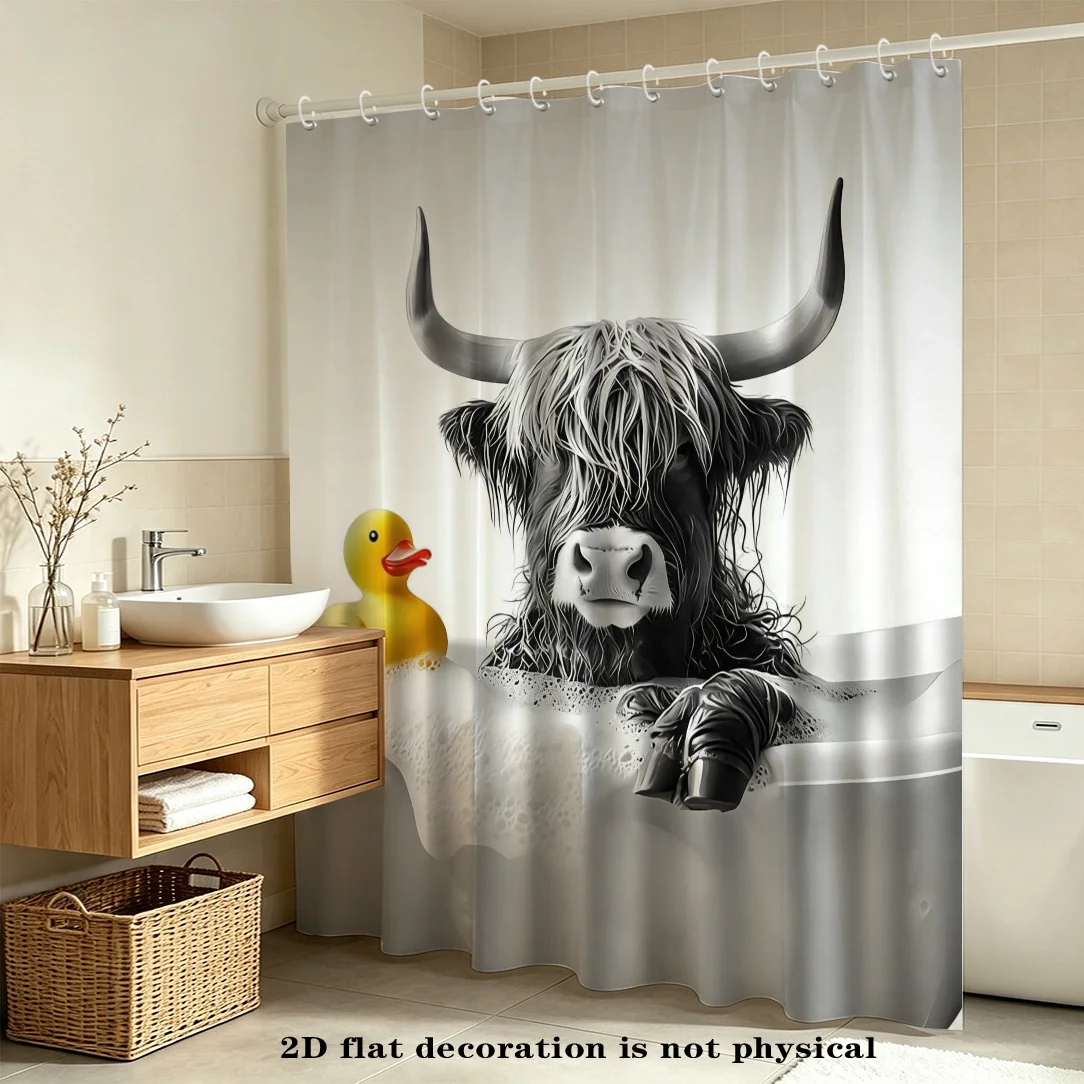 2D Flat, 2D Flat Shower Curtain 1pc, Highland Cow Pattern Printed Shower Curtain, Wilderness Rustic Country Style,, with Hooks,