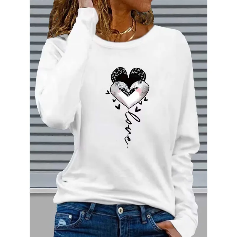Women's Long Sleeve T-Shirt Love Heart Balloon Handwritten Script Graphic Crew Neck Slim Fit Spring Fall Tops