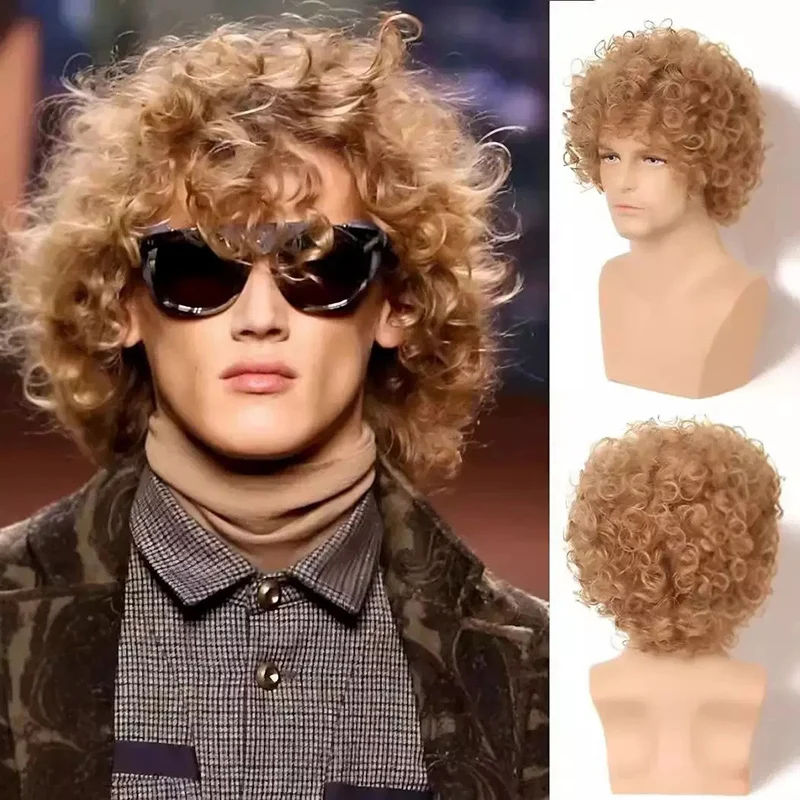África hombre pequeño pelo rizado Shoot modelado postizo ropa partido peluca de seda de alta temperatura Europa y América hombre pelo corto