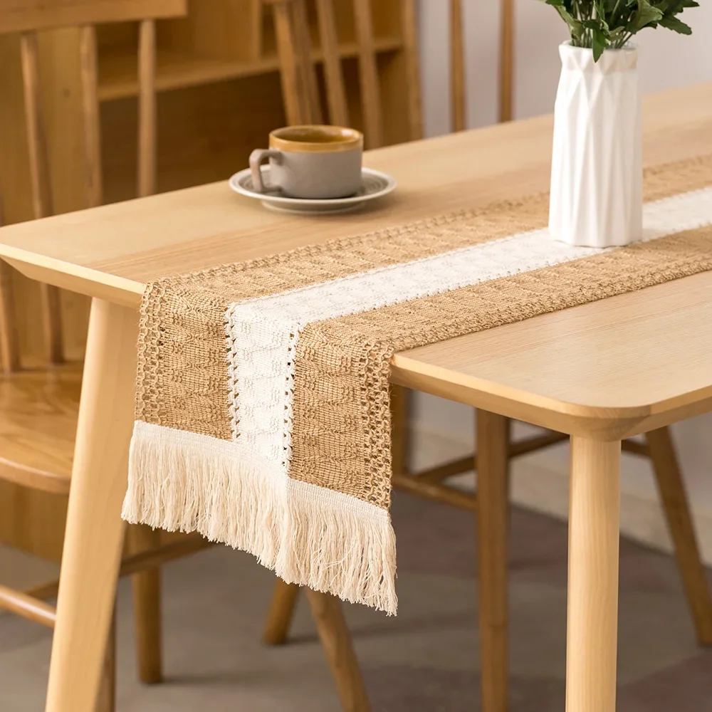 Boho Table Runner Tassels for Home Decor Cream & Brown Farmhouse Table Runner with Tassels for Bohemian Dining Bedroom Decor