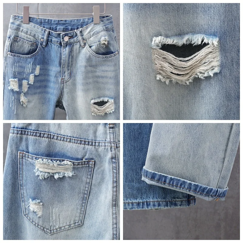 سراويل جينز ممزقة بأرجل واسعة من علامة تجارية أمريكية عالية الجودة للرجال بأنبوب مستقيم فضفاض بألوان متباينة