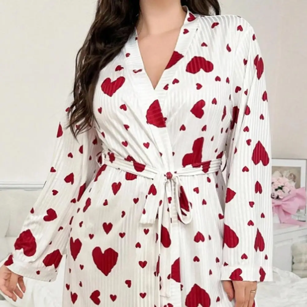 

Women's Heart Printed Robe Soft Belted Kimono Bathrobe Mid Length Shower Spa Loungewear Cozy Long Sleeve Pajamas