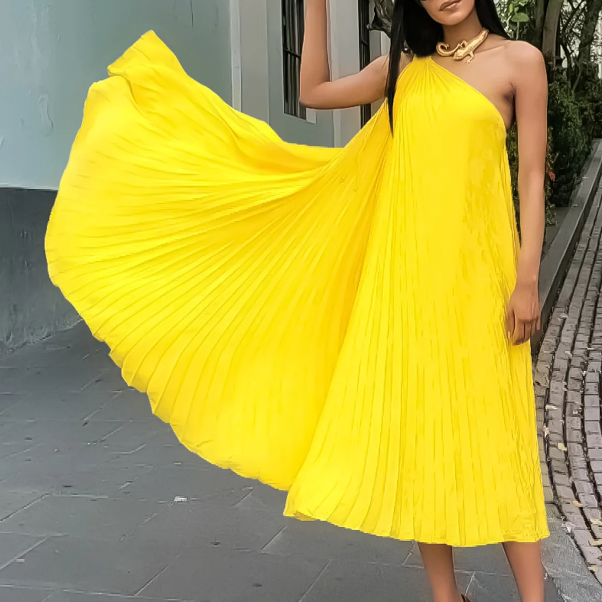 

Solid Pleated Wide Elegant Dress One Shoulder Long Dress 2023 Summer Casual Lady Robe Female Fashion Luxury Evening Clothing