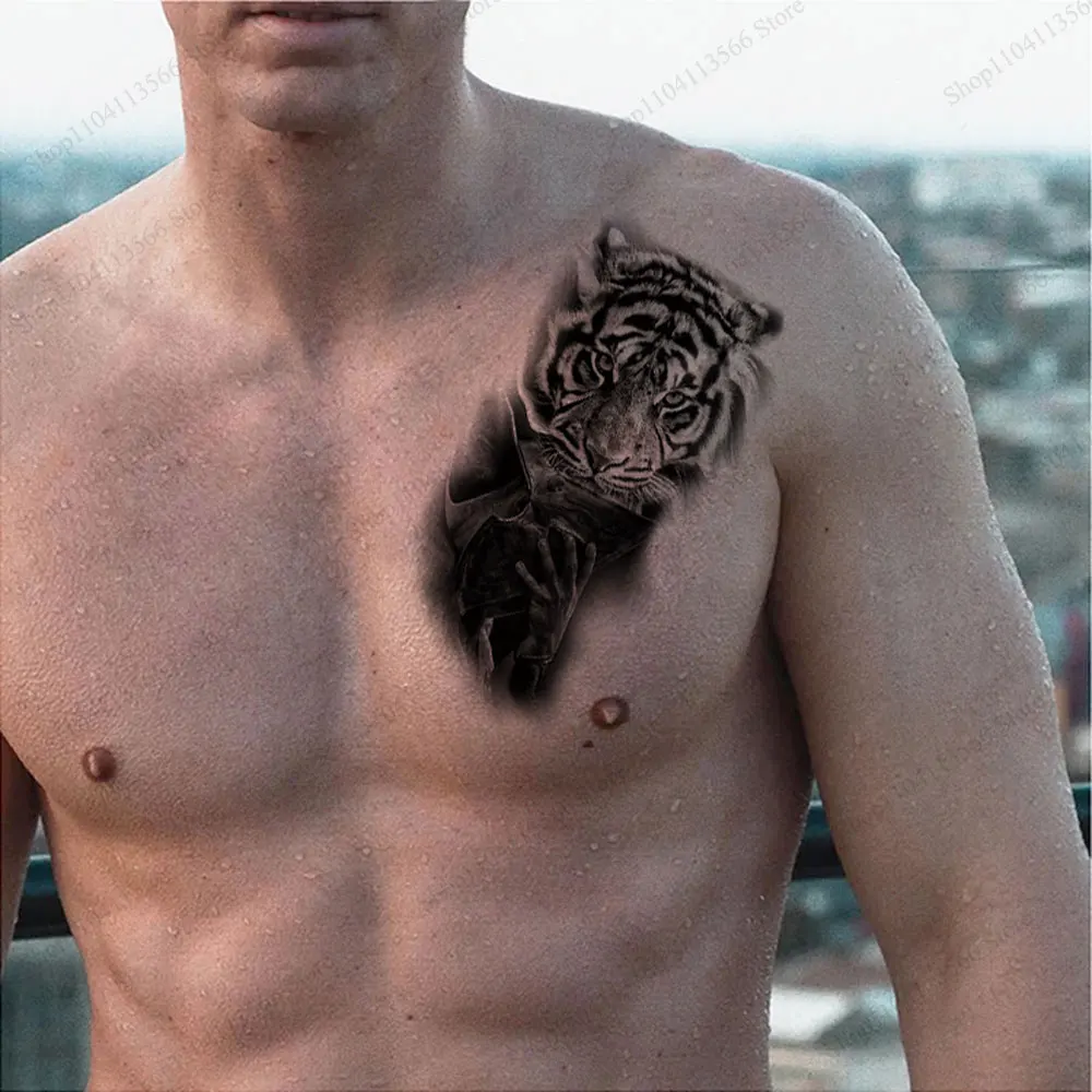 Animal Men's Temporary Tattoos for Arm Sleeve Body Waterproof Wolf Lion Tiger Tattoo Stickers Diaposable Fake Tattoo image 3
