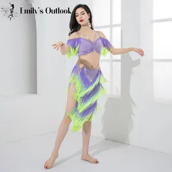 Handmade Tassel Competition Costume Women 2 Piece Fringe Oriental Dancer Stage Show Performance Skirt Bra Solo Drum Exoticism