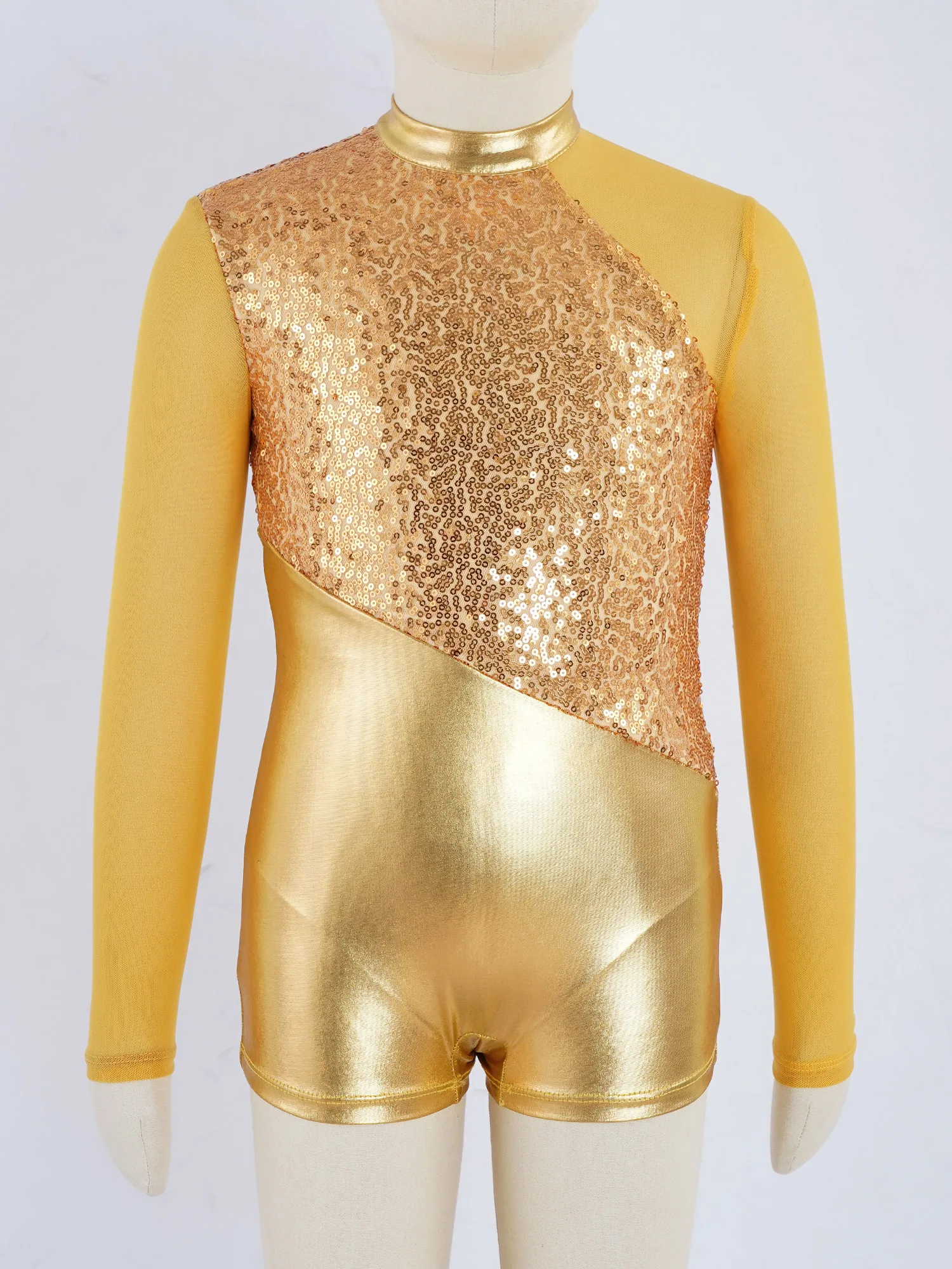 Kids Girls Figure Skating Gymnastics Ballet Dance Leotard Metallic Sequins Long Sleeve Mesh Jumpsuit Stage Performance Dancewear