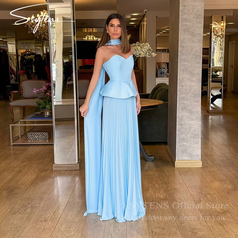 

SSYTENS Elegant Blue Wedding Party Dresses Strapless Tiered Draped Floor Length Chiffon Formal Occasion Evening Gowns Customized