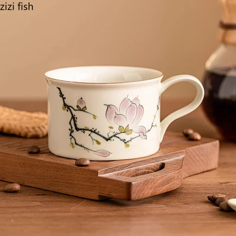 Hand Drawn Magnolia Ceramic Mug Creative Coffee Cup with Plate and Spoon Afternoon Tea Beverage Cup Milk Tea Cup Water Cups