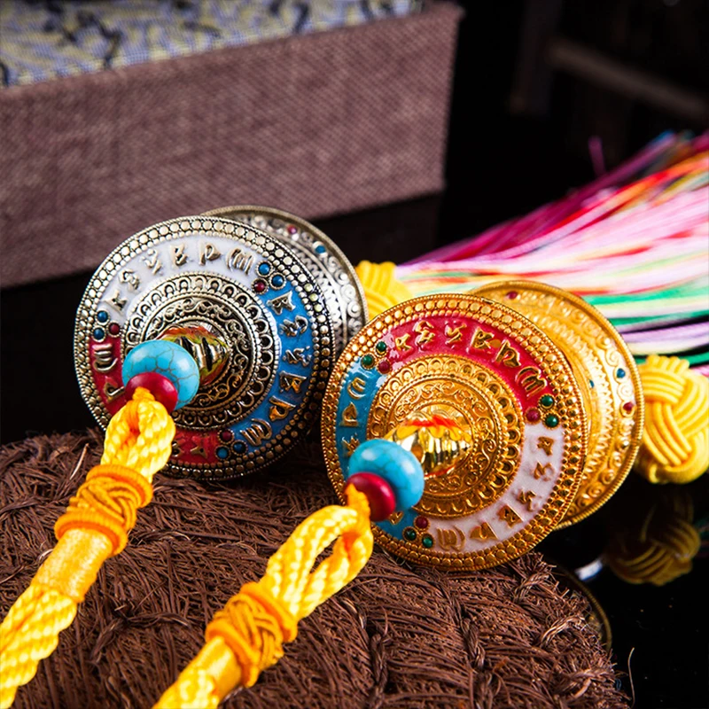Tibetan Style Auspicious Car Pendant Alloy Prayer Wheel Colored Tassel Car Rearview Mirror Pendant Auto Interior Accessories