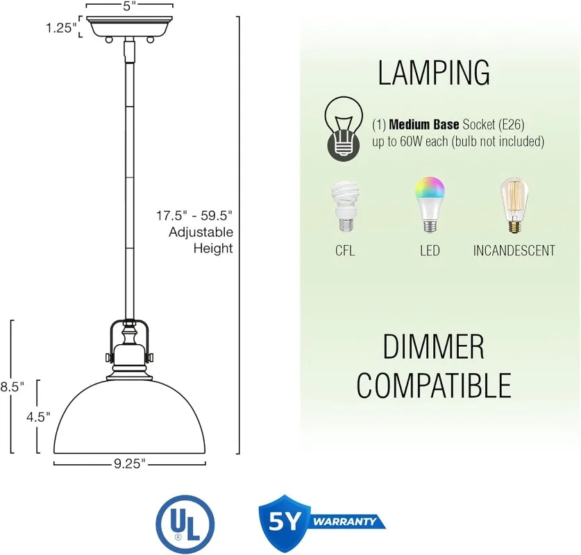 Lampada a sospensione industriale contemporanea da 9", lunghezza regolabile + giunto girevole con paralume, ottone spazzolato