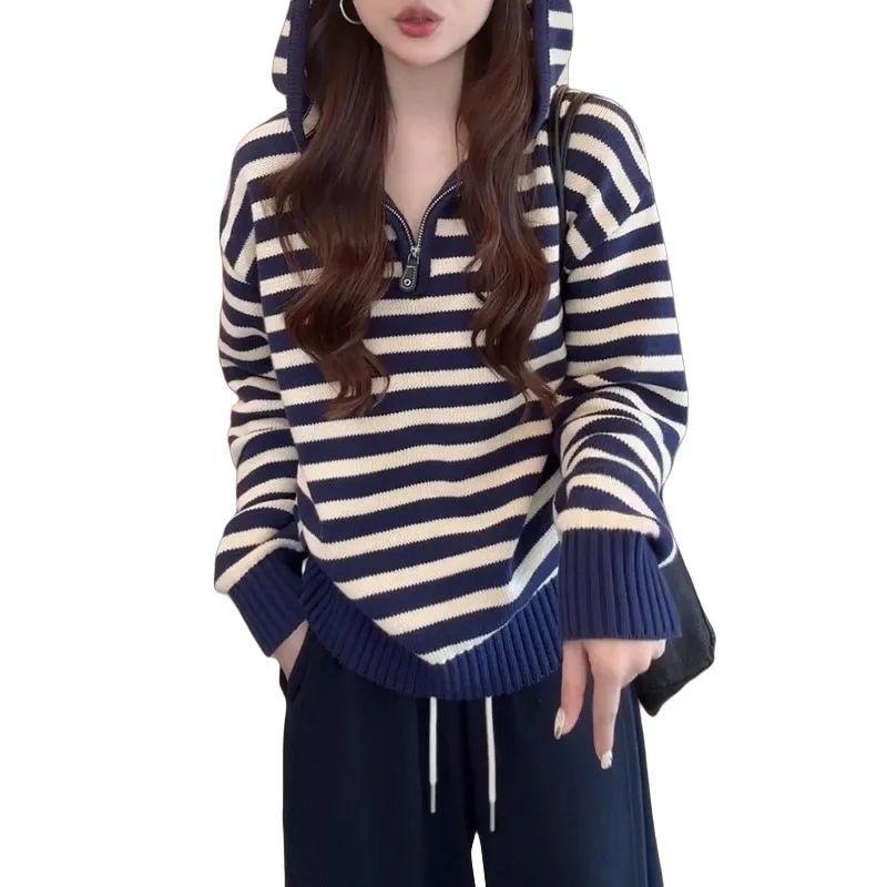 

Women Striped Sweater 2025 Autumn Plus Size Women's Striped Hooded Long Sleeve Knitwear Half Zip Sweater Hoodie Slim Fit Top