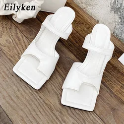 Eilyken New Summer Wedding Party Women Slippers Fashion Square Clip Toe Narrow Band High Heels Slides Female Shoes