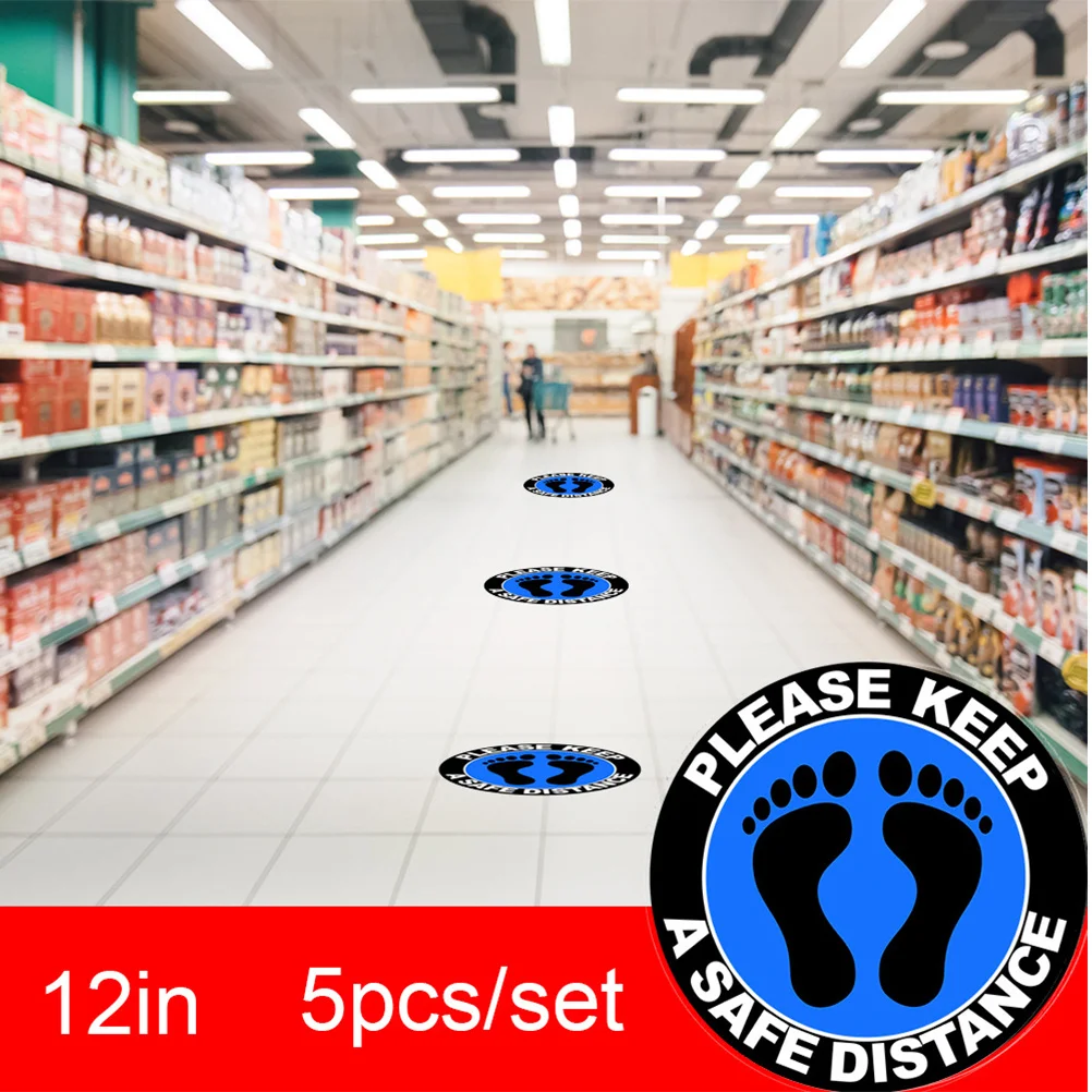 สติกเกอร์ป้องกันโรค 5 แผ่น สติกเกอร์เตือนระยะห่างปลอดภัย สไตล์สีขาว สำหรับโรงเรียน ห้างสรรพสินค้า ห้องน้ำ สถานที่สาธารณะ ป้องกันการแพร่ระบาด