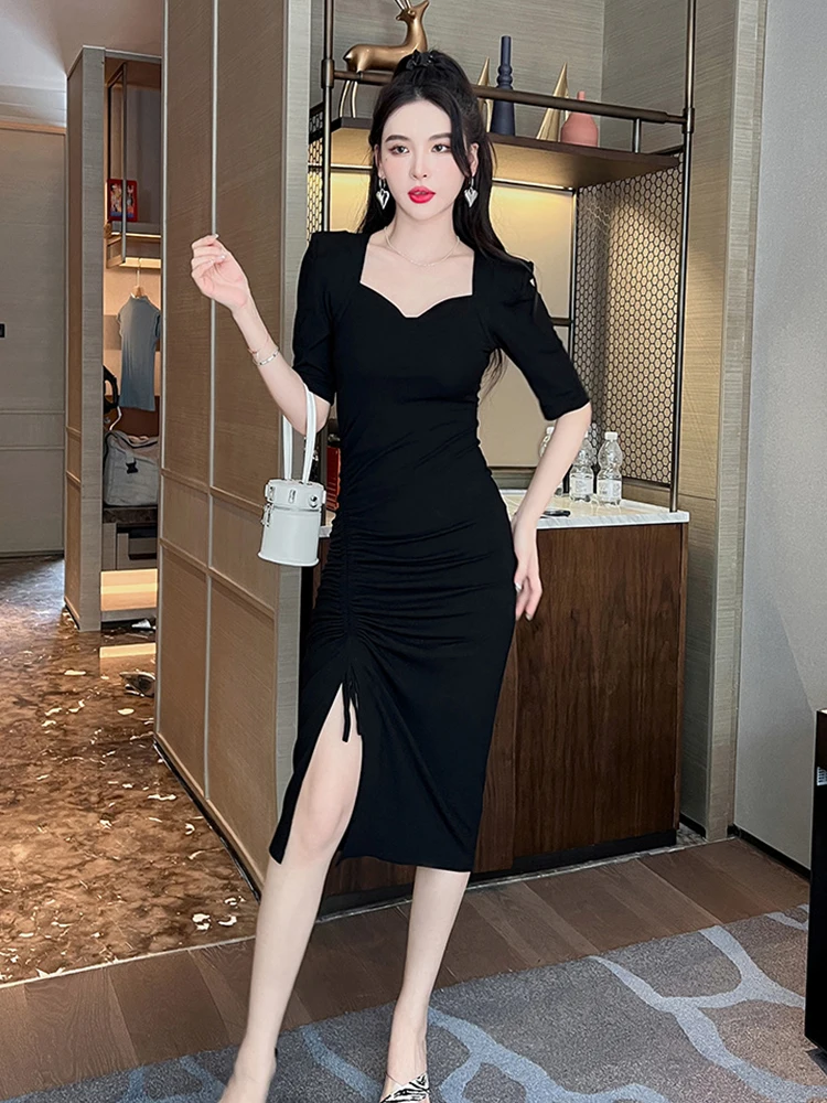 

Summer Elegant Women Dress Casual Simple Square Collar Draw String Skinny Slim Midi Club Beach Stretchy Robe Femme Mujer Vestido