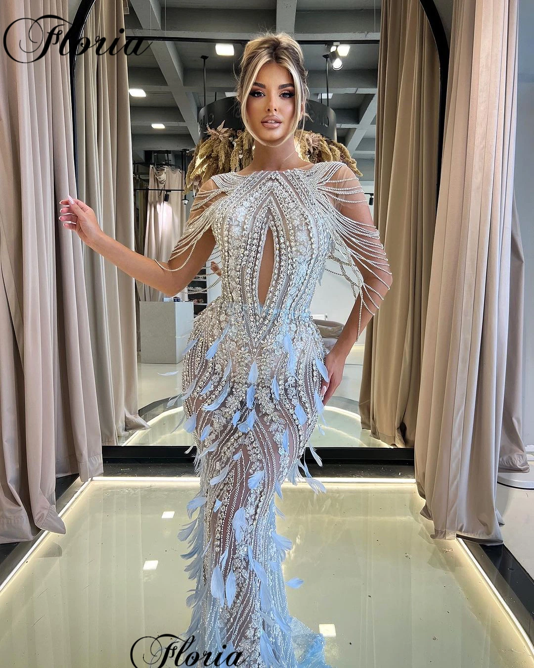 Newest Crystals Prom Dresses Luxury Sheer Neck Mermaid Celebrity Dresses With Feathers Illusion Cocktail Dress Vestidos De Noche