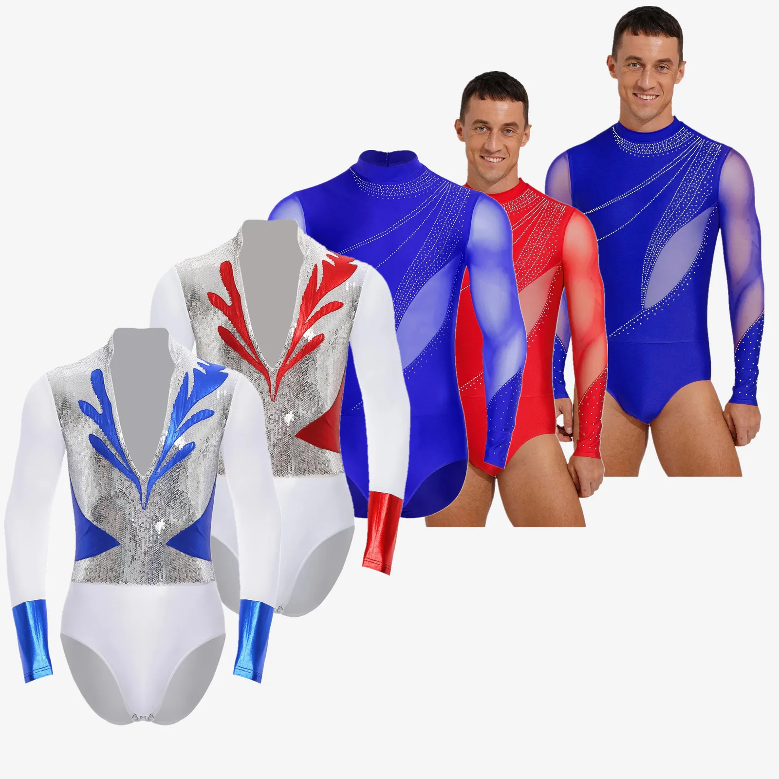 

Мужской гимнастический костюм для латинского балета и танцев, костюм для фигурного катания, блестящий сетчатый трико со стразами, комбинезон, боди, рубашки