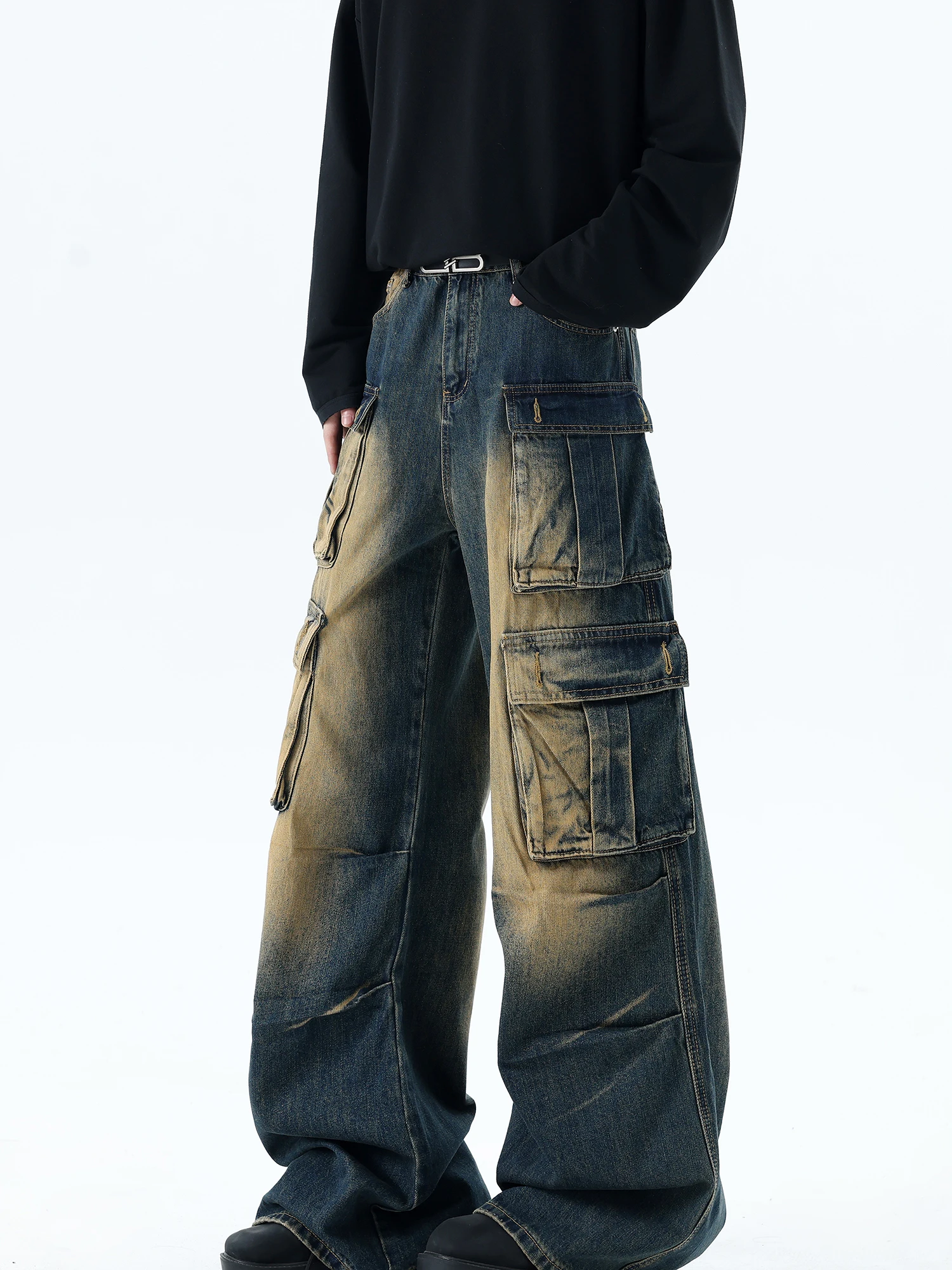 

Retro Apocalyptic Style Men's Denim Pants Multiple Pockets Winter Design Workwear High Street Cool Vintage Wide Leg Jeans