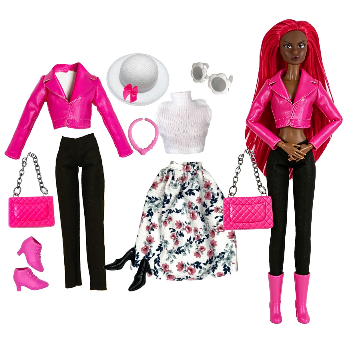 

Fashion Playful Pink Leather Jacket+Trousers+Floral Dress+Shoes+Handbag Set For 1/6 Babi Xianxian Supermodel Doll Dress Up