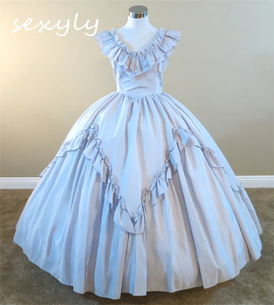 Light Blue 1860s Prom Dress V Neck Ruffles Civil War French Duchess Evening Dress Victorian Rococo British Party Gown Customized