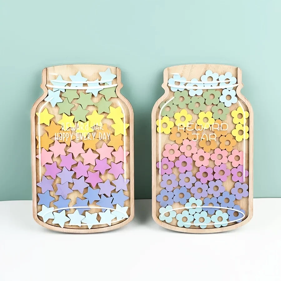Un ensemble de pots de récompense en forme d'étoiles ou de fleurs, avec 45 étoiles ou fleurs, présentant des motifs floraux vibrants, servant de motivation pour un comportement positif.