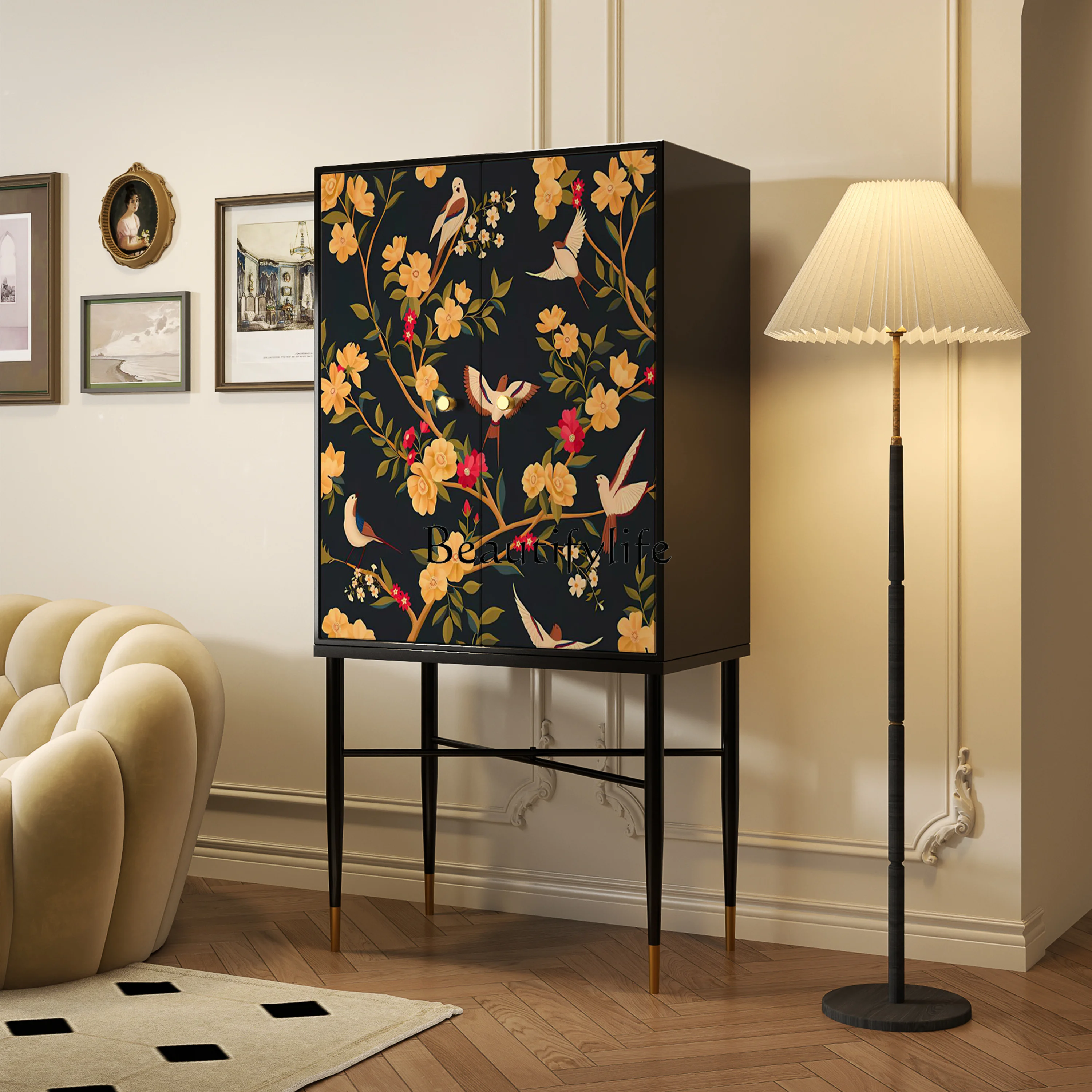 

French wall living room solid wood side cabinet American retro high foot multi-functional side cabinet