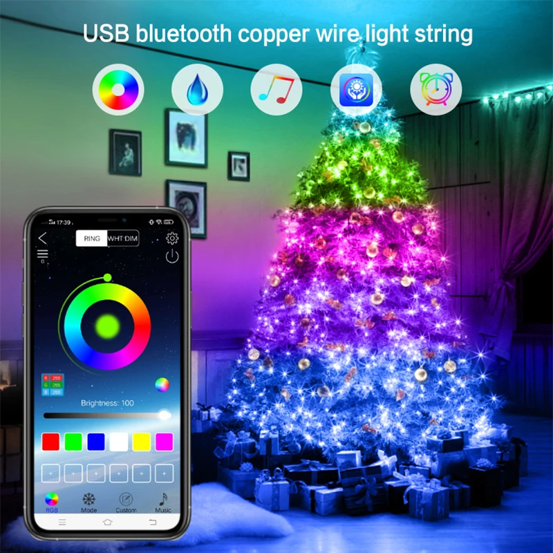 2m/20m RGB Christmas Tree Decor Light Bluetooth Xmas Light USB Fairy Lights Copper Wire Garland LED String Light Lamp New Year